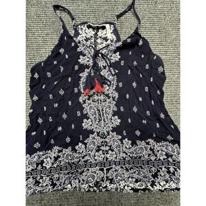 LUQ Tank Top Womens Medium Navy Blue Paisley Boho Tassel Rayon Sleeveless Summer